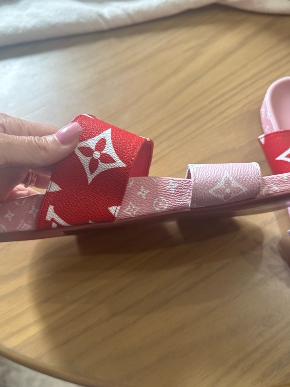 Louis Vuitton Pink & Red Monogram Kids Slide Sandals - Picture 2 of 6